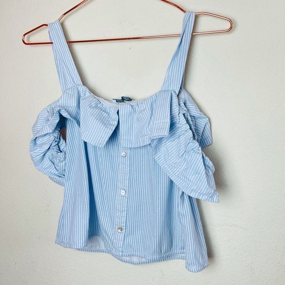 EUC Zara Blue Striped Cold Shoulder Top Small - Picture 2 of 5